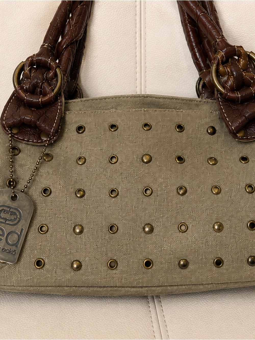 RED by Marc Ecko Studded Canvas Shoulder Bag with Brown Braided Handles